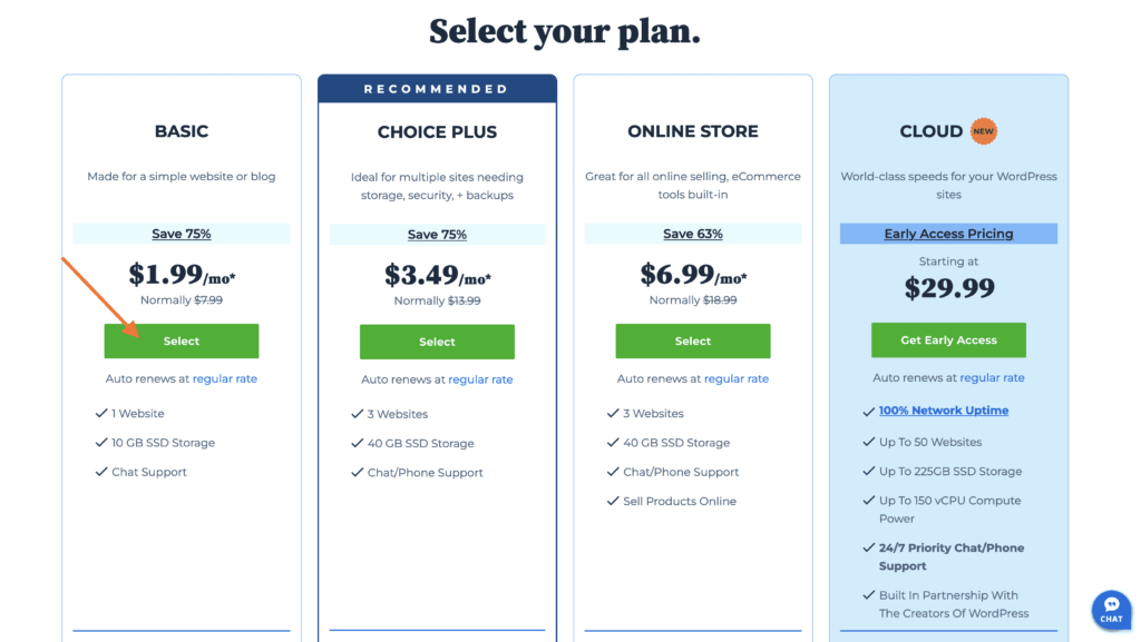 Choose a bluehost package